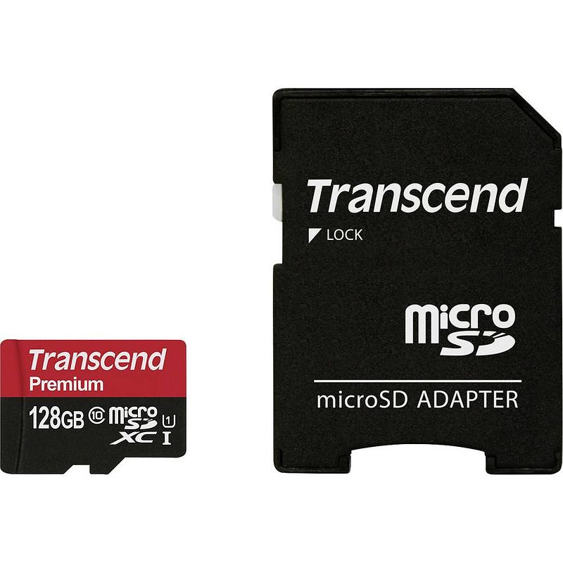 Foto van Transcend premium microsdxc-kaart 128 gb class 10, uhs-i incl. sd-adapter