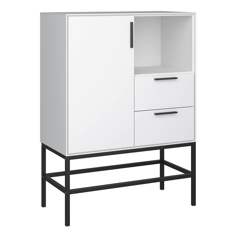 Foto van Cris dressoir 1 deur en 2 lades, wit gelakt, zwart metalen frame.