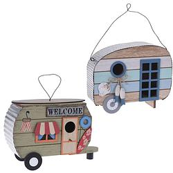 Foto van Set van 2x stuks houten vogel voeder huisjes voor pindas/vetbollen caravan blauw en groen - vogelvoederhuisjes