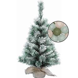 Foto van Mini kerstboom besneeuwd met verlichting - in jute zak - h60 cm - kleur mix groen - kunstkerstboom