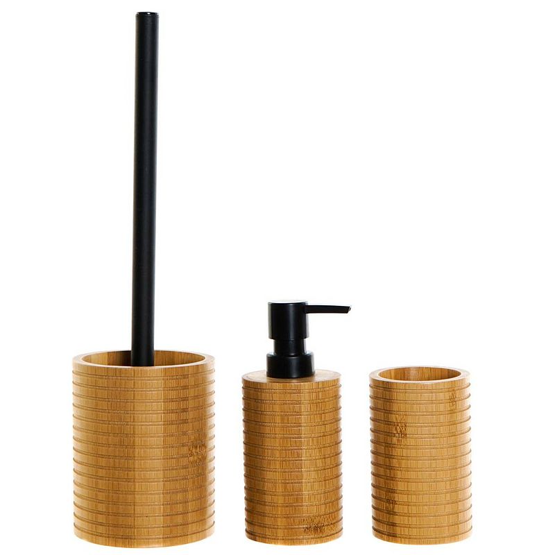 Foto van Wc/toiletborstel met zeeppompje/beker - naturel/zwart - bamboe hout - toiletborstels
