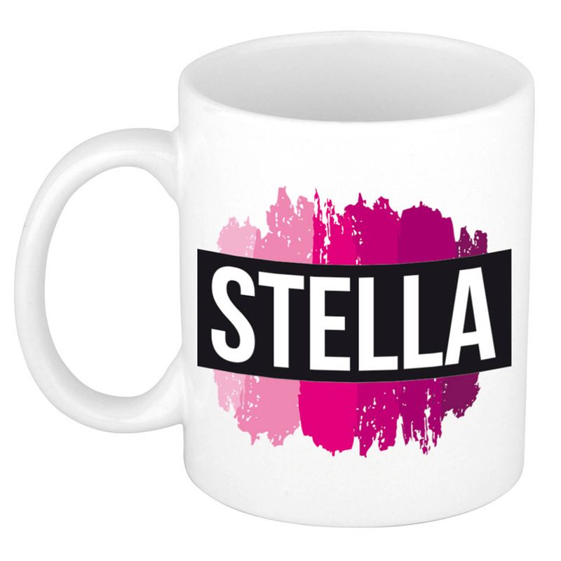 Foto van Naam cadeau mok / beker stella met roze verfstrepen 300 ml - naam mokken