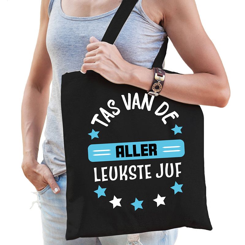 Foto van Bellatio decorations cadeau tas juf - zwart/blauw - 42 x 38 cm - tas van de aller leukste juf - feest boodschappentassen