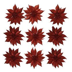 Foto van 12x stuks glitter decoratie bloemen op clip rood 9.5 cm - kunstbloemen
