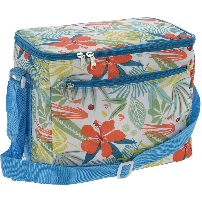 Foto van Kleine koeltas voor lunch tropical flowers blauw/creme 30 x 20 x 25 cm 12 liter - koeltas