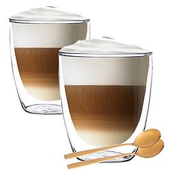 Foto van Luxe dubbelwandige theeglazen - cappuccino glazen - koffieglas dubbelwandig - met lepel - 300 ml - set van 2