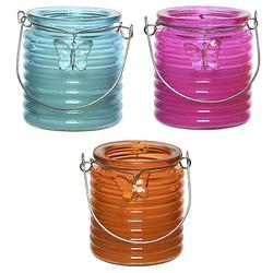 Foto van Set van 3x stuks citronella anti muggen kaarsen windlicht blauw, roze en oranje 20 branduren - geurkaarsen