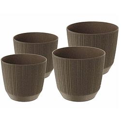 Foto van Prosperplast plantenpotten/bloempotten carf stripe - bruin - 4x stuks - kunststof - dia 19.5 en 17 cm - plantenpotten