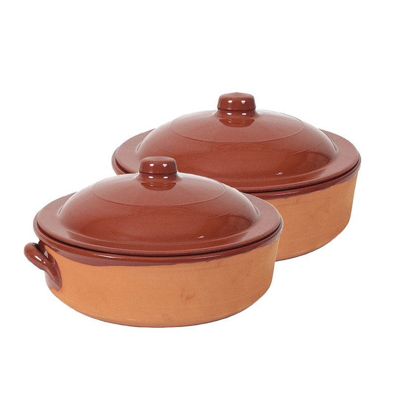 Foto van 2x terracotta braadpannen/ovenschalen met deksel 31 cm - braadpannen