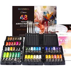 Foto van Rx goods 69 stuks acrylverf set met 48 tubes van 22 ml, 17 penselen, 3 canvas schilderijen & 1 verf pallet - acryl verf