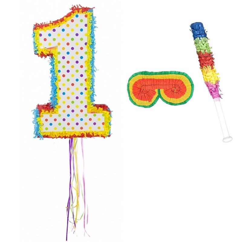 Foto van Verjaardag pinata nummer 1 van 104 x 40 cm - set met stok en masker - pinatas