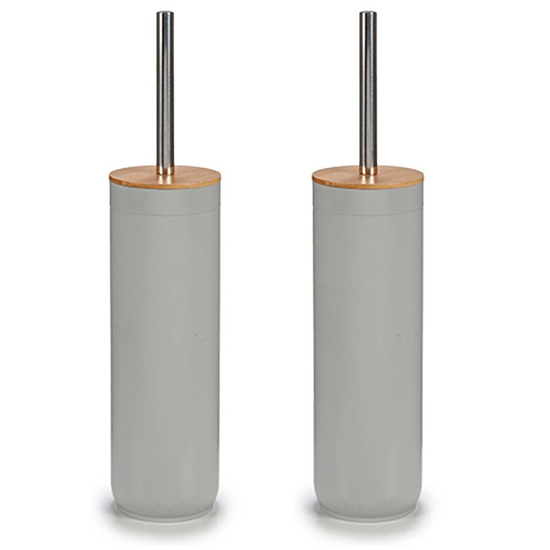Foto van 2x stuks toiletborstels/wc-borstels met bamboe deksel - kunststof - lichtgrijs - toiletborstels