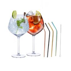 Foto van Set van 4x gin tonic cocktailglazen met 4x gekleurde rietjes rvs - cocktailglazen