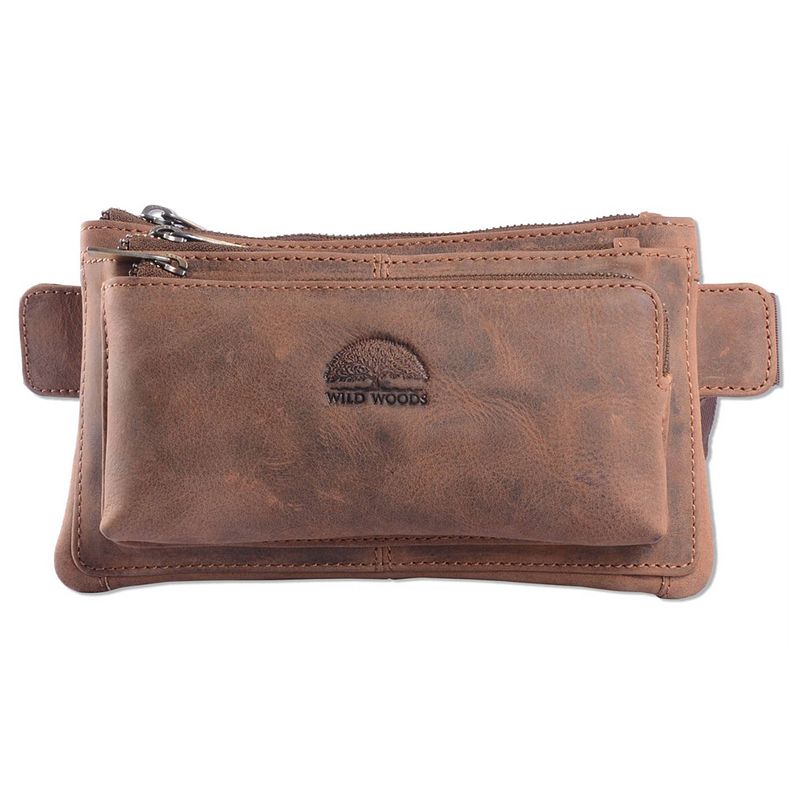 Foto van Wild woods moderne leren heuptas met 3 ritsen compact - fanny pack - buffelleer - vintage bruin