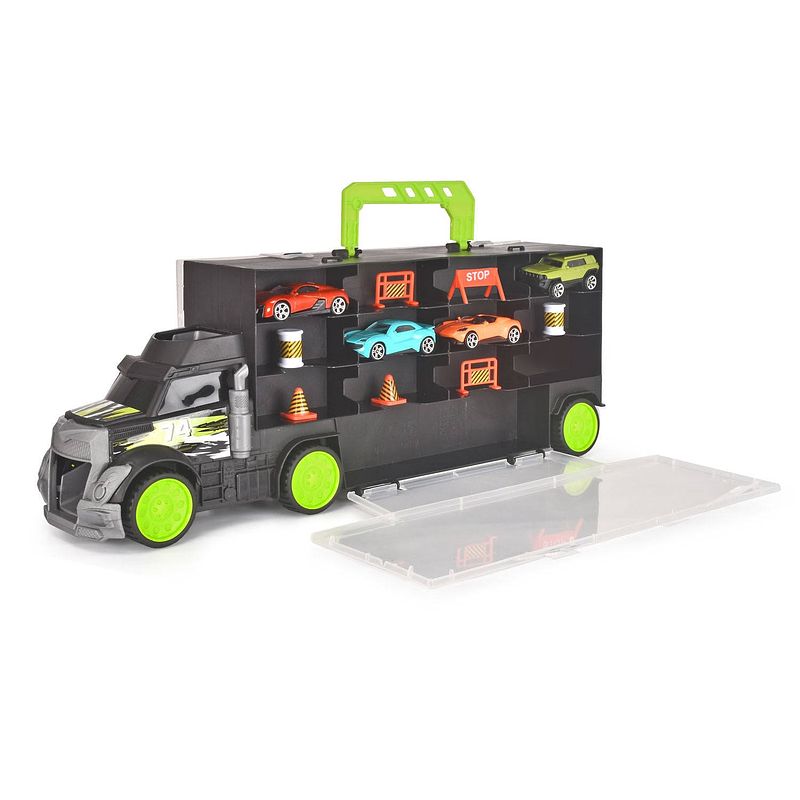 Foto van Dickie transporter met 4 die-cast auto'ss en accessoires