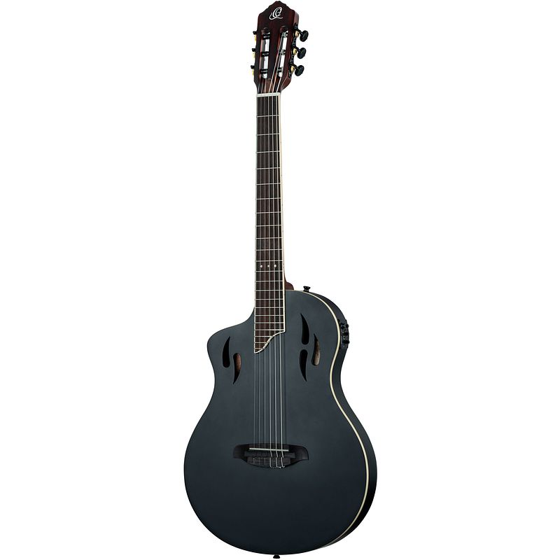 Foto van Ortega rtpstd-sbk-l tourplayer series standard satin black finish linkshandige elektrisch-akoestische klassieke gitaar met tas