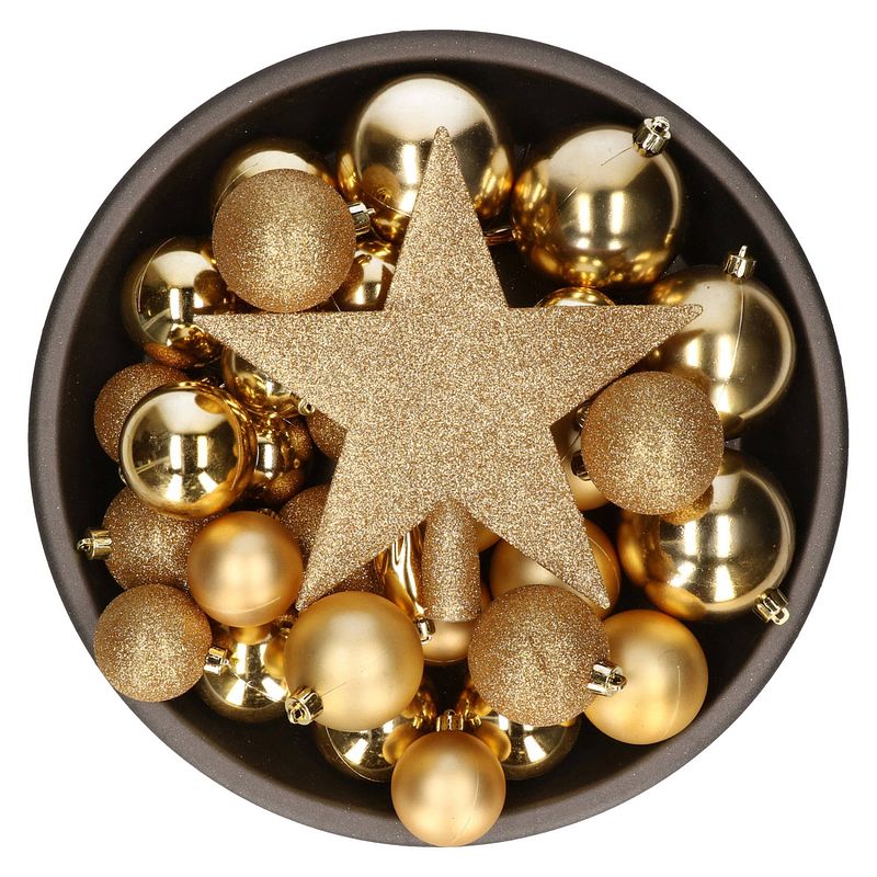 Foto van 33x gouden kunststof kerstballen 5-6-8 cm - mix - onbreekbare plastic kerstballen - kerstboomversiering goud