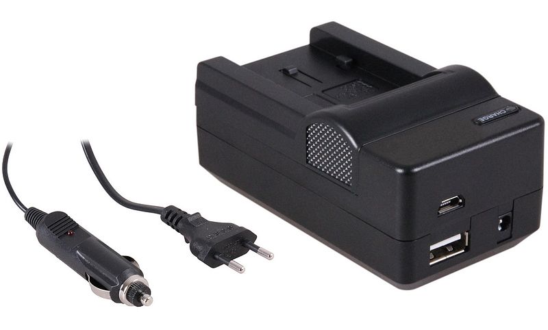 Foto van 4-in-1 acculader voor panasonic vw-vbk180 / vw-vbk360 - compact en licht - laden via stopcontact, auto, usb en powerbank