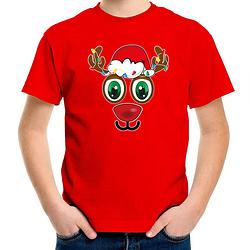 Foto van Bellatio decorations kerst t-shirt voor kinderen - rudolf gezicht - rendier - rood xl (164-176) - kerst t-shirts kind