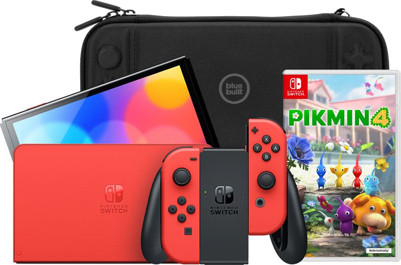 Foto van Nintendo switch oled super mario editie + pikmin 4 + bluebuilt beschermhoes