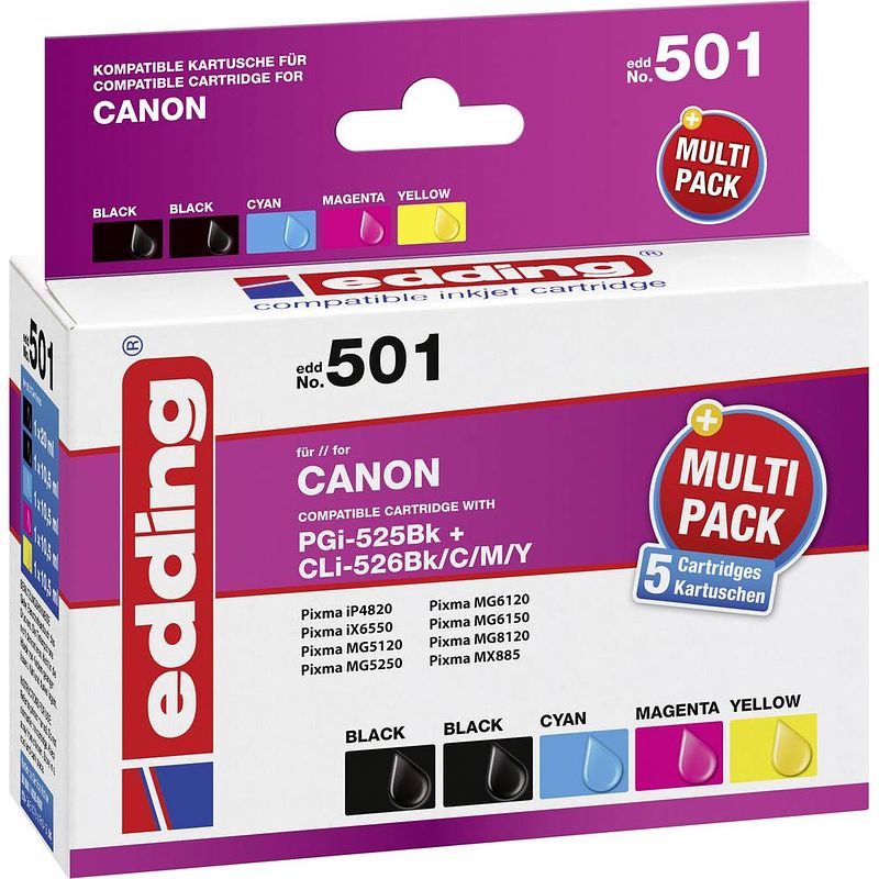 Foto van Edding inkt vervangt canon pgi-525, cli-526 compatibel combipack zwart, foto zwart, cyaan, magenta, geel edding 501 edd-501