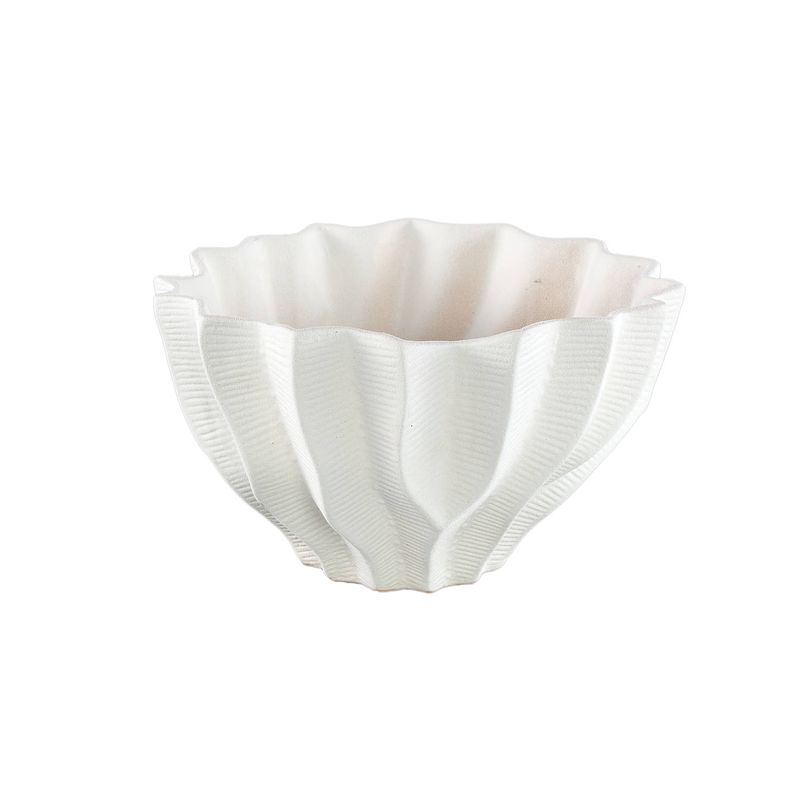 Foto van Ptmd merc white ceramic pot wavy ribbed low s