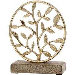 Foto van Decoratie levensboom rond van aluminium op houten voet 20 cm goud - beeldjes