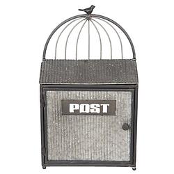 Foto van Haes deco - brievenbus grijs metaal met vogeltje en tekst ""post"", formaat 29x12x48 cm