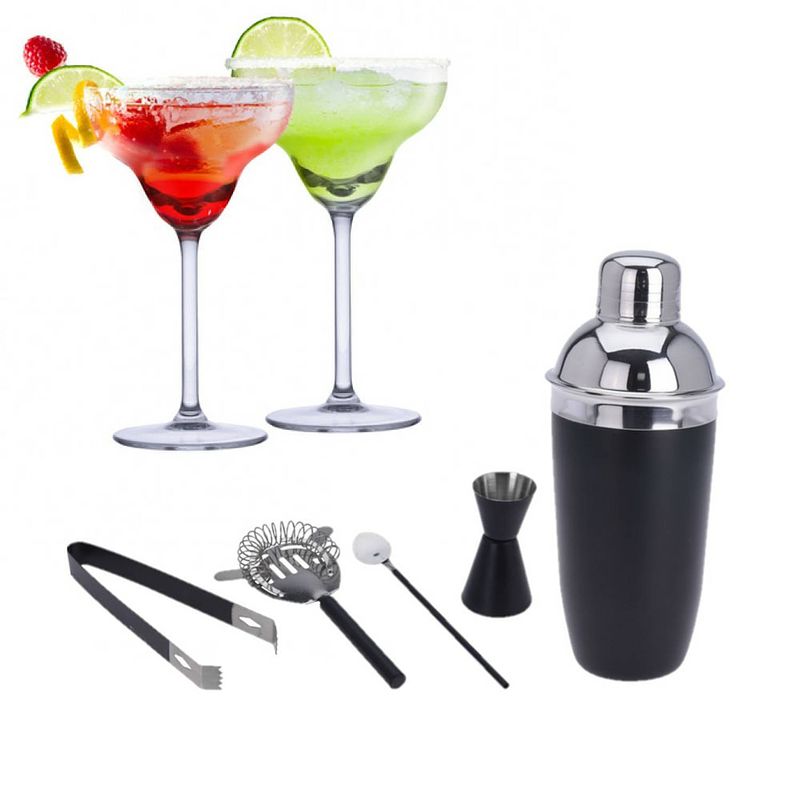 Foto van Set van 4x margarita cocktailglazen met zwarte 5-delige cocktailshaker set rvs - cocktailglazen