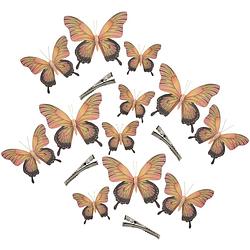 Foto van 12x stuks decoratie vlinders op clip - geel/roze - 3 formaten - 12/16/20 cm - hobbydecoratieobject