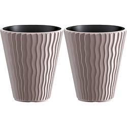 Foto van Prosperplast plantenpot/bloempot sand waves - 2x - buiten/binnen - kunststof - beige - d30 x h33 cm - plantenpotten