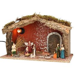 Foto van Complete verlichte kerststal met 11x st kerststal beelden - 39 x 20 x 24 cm - hout/polyresin - kerststallen