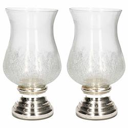 Foto van 2x craquele glazen kaarsenhouders voor theelichtjes/waxinelichtjes met zilveren voet 24 cm - waxinelichtjeshouders