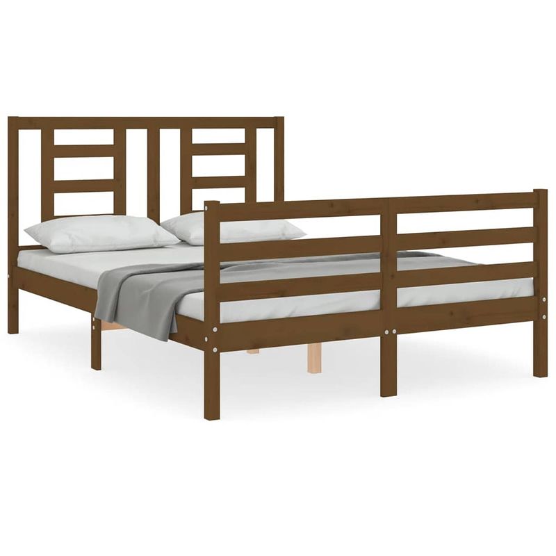 Foto van The living store massief grenenhouten bedframe - honingbruin - 205.5 x 145.5 x 100 cm - multiplex lattenbodem