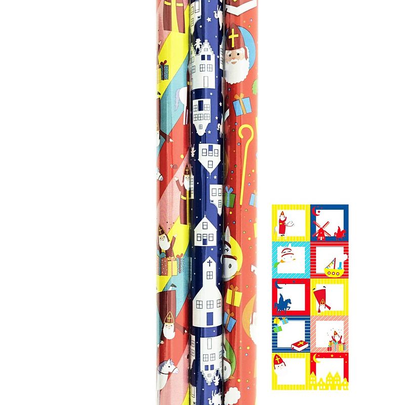 Foto van Sinterklaas assortiment cadeaupapier inpakpapier inclucief labels - 200 x 70 cm - 3 rollen