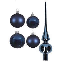 Foto van Glazen kerstballen pakket donkerblauw glans/mat 38x stuks 4 en 6 cm met piek glans - kerstbal