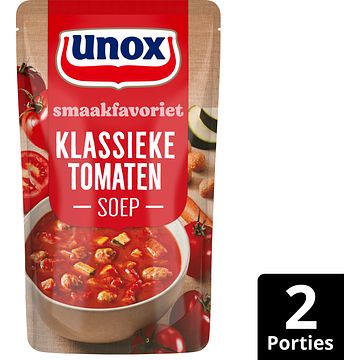 Foto van 2 zakken soep a 570 ml, pakken cupasoup a 3 stuks of single verpakkingen noodles of pasta | unox smaakfavoriet soep in zak klassieke tomaten 570ml aanbieding bij jumbo