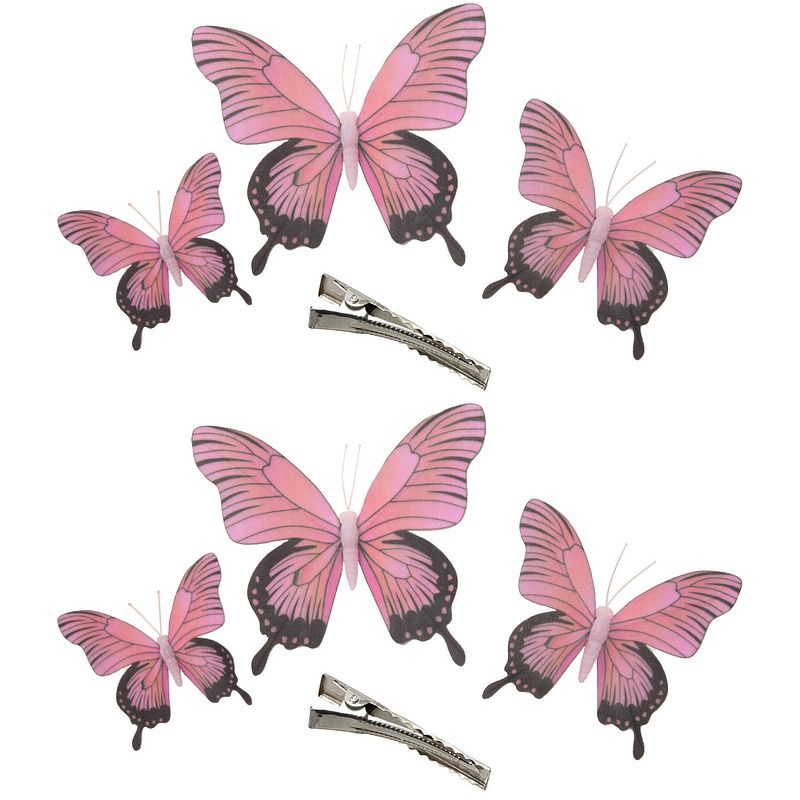 Foto van 6x stuks decoratie vlinders op clip - roze - 3 formaten - 12/16/20 cm - hobbydecoratieobject