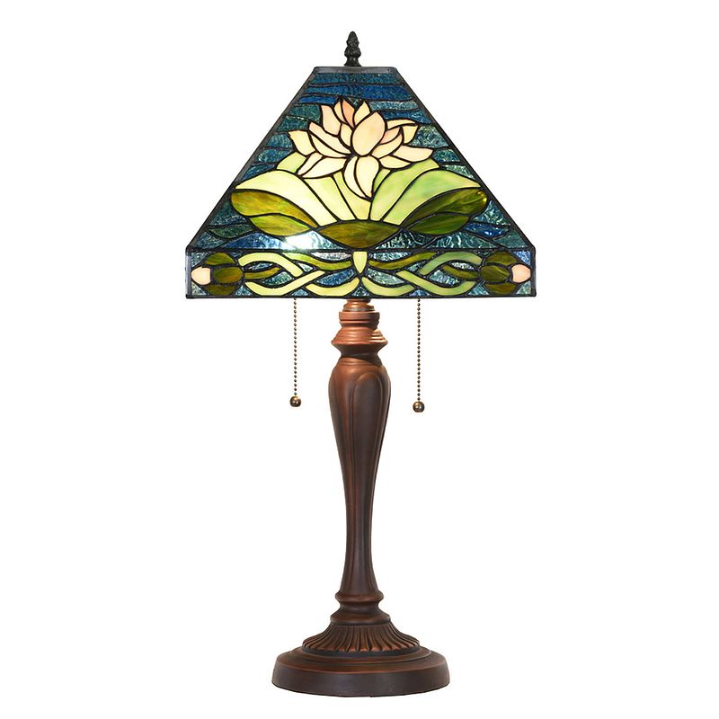 Foto van Lumilamp tiffany tafellamp 31x31x61 cm groen blauw glas kunststof vierkant bloemen tiffany bureaulamp tiffany lampen