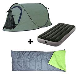 Foto van Hixa pop-up tent - groen - 1 persoons - festival - met tentharingen - en slaapzak - en luchtbed - 220x120x95cm