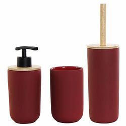 Foto van Badkamerset met zeeppompje toiletborstel en beker rood keramiek/bamboe - badkameraccessoireset