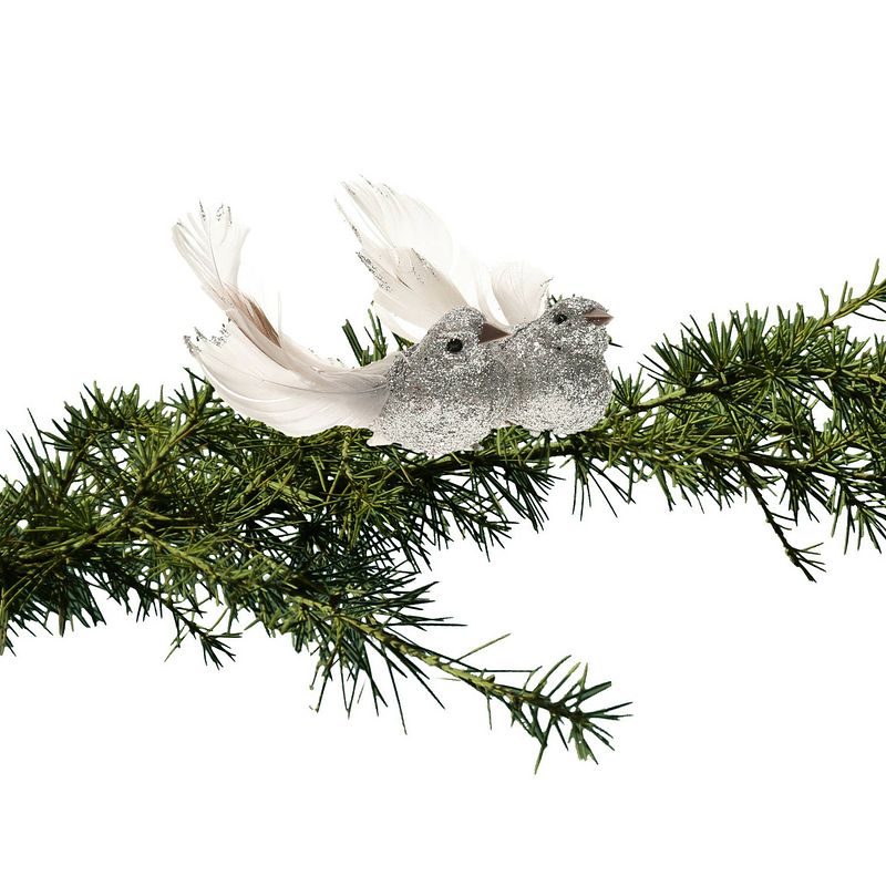 Foto van Kerstboom vogels op clip 2x stuks - glitter zilver 10 cm - kersthangers