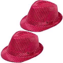 Foto van 2x stuks trilby hoeden met pailletten - roze - glitter - verkleedhoofddeksels