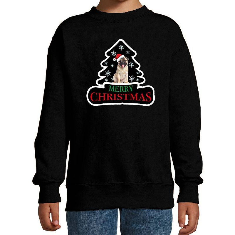 Foto van Dieren kersttrui mopshond zwart kinderen - foute honden kerstsweater 9-11 jaar (134/146) - kerst truien kind