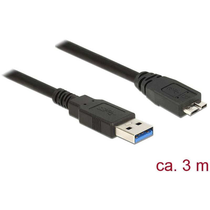 Foto van Delock usb-kabel usb 3.2 gen1 (usb 3.0 / usb 3.1 gen1) usb-a stekker, usb-micro-b 3.0 stekker 3.00 m zwart vergulde steekcontacten 85075