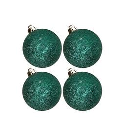 Foto van 4x stuks kunststof glitter kerstballen petrol groen 10 cm - kerstbal