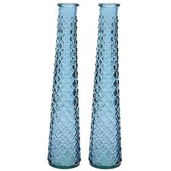 Foto van 2x stuks vazen/bloemenvazen van gerecycled glas - d7 x h32 cm - blauw - vazen