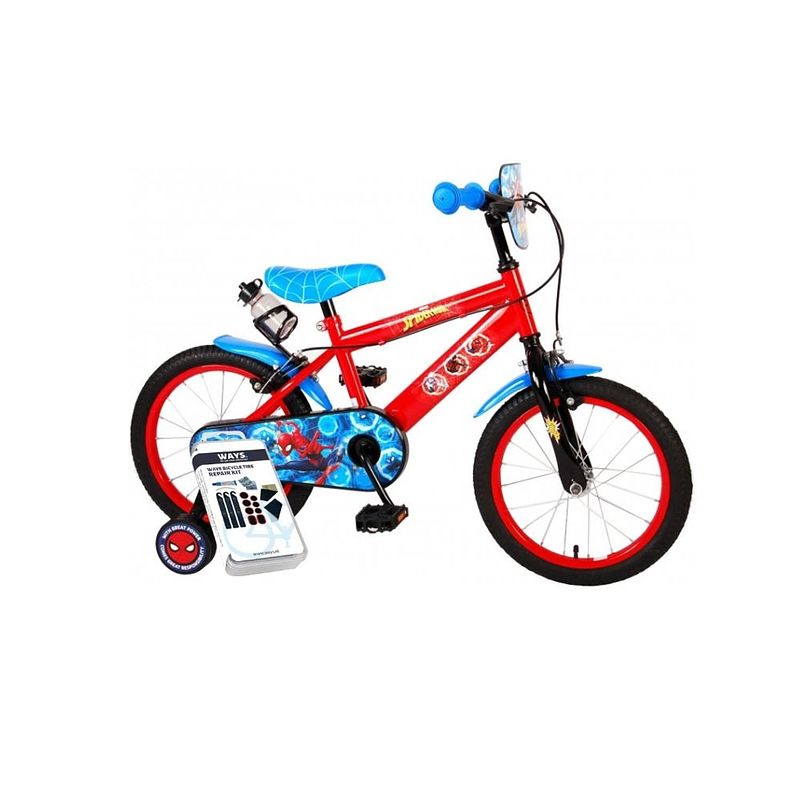 Foto van Volare kinderfiets spider-man - 16 inch - twee handremmen - blauw/rood - inclusief ways bandenplakset