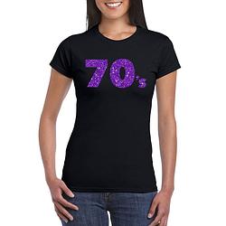 Foto van Zwart 70s t-shirt met paarse glitters dames m - feestshirts