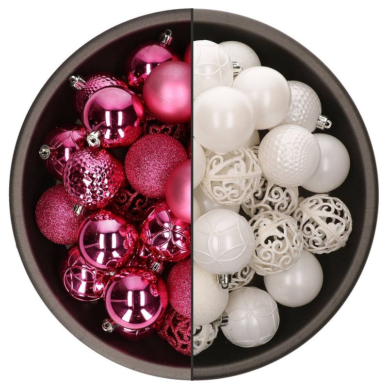 Foto van 74x stuks kunststof kerstballen mix van fuchsia roze en wit 6 cm - kerstbal